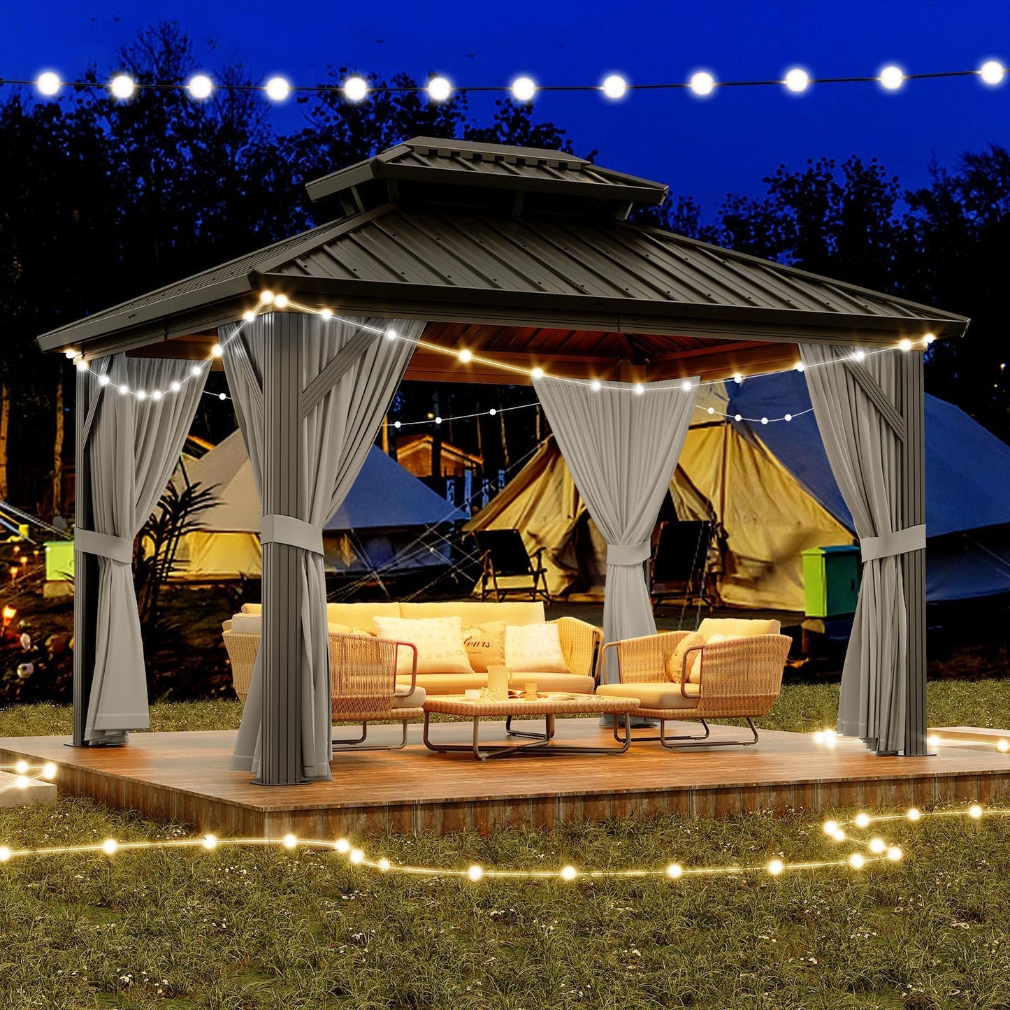 10x12 ft Hardtop Gazebo with Galvanized Steel Double Roof, Heavy Duty Galvanised Steel Hardtop Pavilion with Nettings and Curtains for Party, Wedding, Outdoor Dining, Patio, Backyard