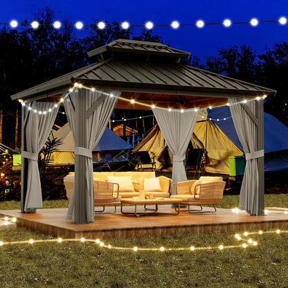 10x12 ft Hardtop Gazebo with Galvanized Steel Double Roof, Heavy Duty Galvanised Steel Hardtop Pavilion with Nettings and Curtains for Party, Wedding, Outdoor Dining, Patio, Backyard