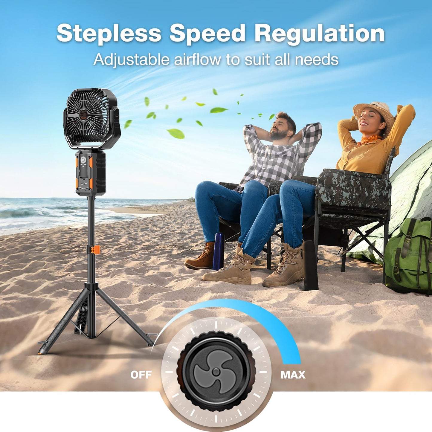 OGERY Camping Fan, Portable Fan with Adjustable Height Stand, 20000mAh Rechargeable Battery Powered Fan with Remote, LED Light, Auto Oscillation, Fast Charging, Floor or Desk Fan for Tent, RV, Travel