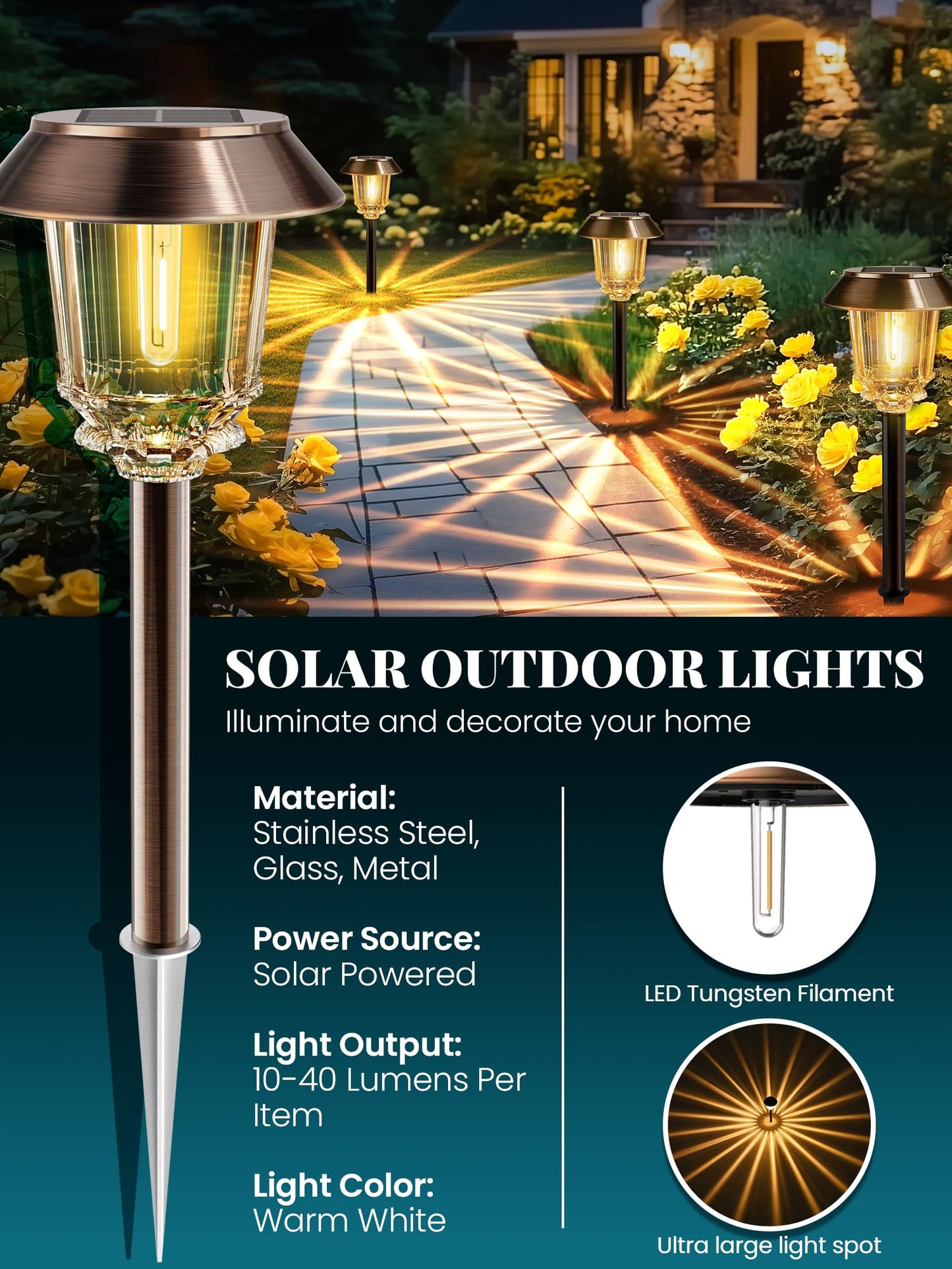 HMDecor Solar Lights Outdoor Waterproof,6 Pack Bronze Pathway Lights with 10-40 LM Dimmable Glass and Metal, Solar Powered Garden Fall Decor for Yard,Patio,Pathway,Driveway(Warm White)