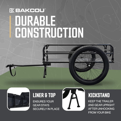 Bakcou - Folding Cargo eBike Trailer with 20" x 3" Fat Tires, Canvas Liner, Hitch, Axle Extenders & Kickstand - 150-200 lbs Capacity