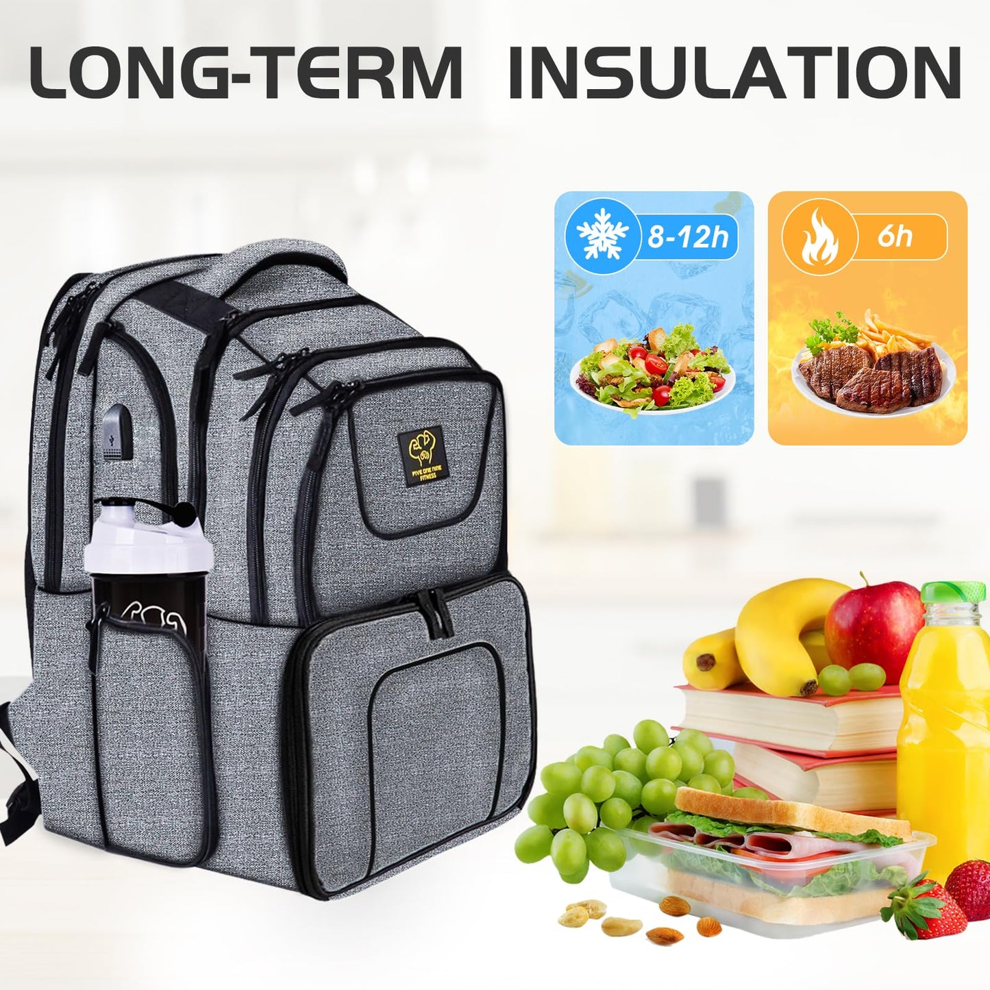 519 Fitness [Professional Series] 6-Meal Prep Backpack - Sleek Urban Design for Professionals & Athletes - Fits 17-Inch Laptop - Includes 6 BPA-Free Containers & 2 Ice Packs (Cool Grey)