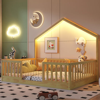 KEIKI Full House Shaped Floor Bed, Kids Montessori Platform Bed Frame with Light & Tall Rails, Solid Beds Frames Full-Size for Boys Girls Bedroom, No Box Spring Needed, Easy Assembly, Brown