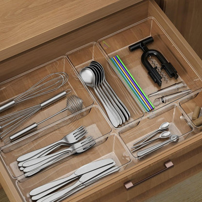 12 Piece Clear Drawer Organizer Set, 3 Sizes Bathroom Vanity Organizer Trays and Storage Bins for Makeup, Cosmetics, Jewelry, and Gadgets. Perfect for Office, Kitchen, Bedroom, Bathroom Use.