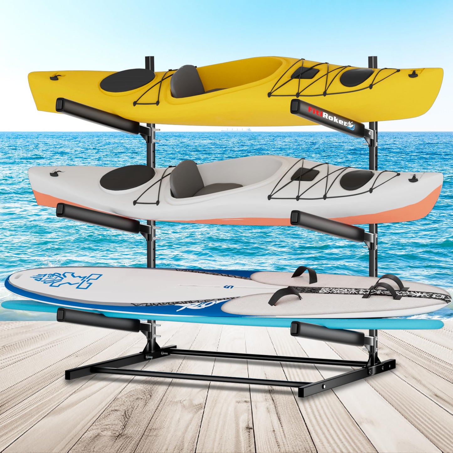 FitiRoker 3-Tier Freestanding Kayak Storage Rack, Steel Storage Stand with Adjustable Padded Arms for Kayaks, Canoes, Surfboards and Paddleboards, Indoor Outdoor Garage Organizer