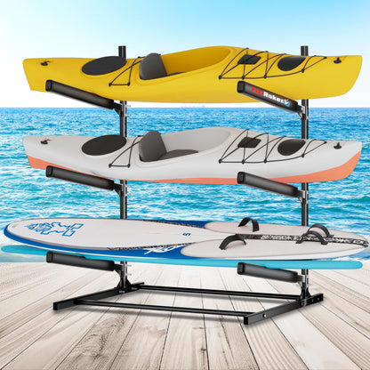 FitiRoker 3-Tier Freestanding Kayak Storage Rack, Steel Storage Stand with Adjustable Padded Arms for Kayaks, Canoes, Surfboards and Paddleboards, Indoor Outdoor Garage Organizer