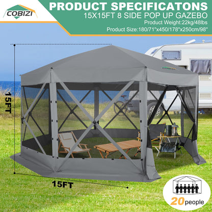 COBIZI 15x15 FT Pop Up Gazebo - Canopy Tent, Large Gazebos On Clearance,Instant Screened in Gazebo,carpas para Patio,Portable Screen Tents for 12-15 Persons Outdoor Camping, Backyard,Gray