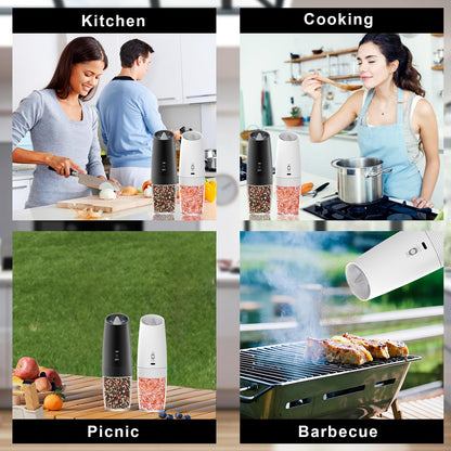 QTDHG Electric Salt and Pepper Grinder Set Rechargeable Gravity Pepper and Salt Mill Grinder Set Type-C Fast Charging, Adjustable Coarseness, Large Capacity with LED Light (Black White-2pcs)