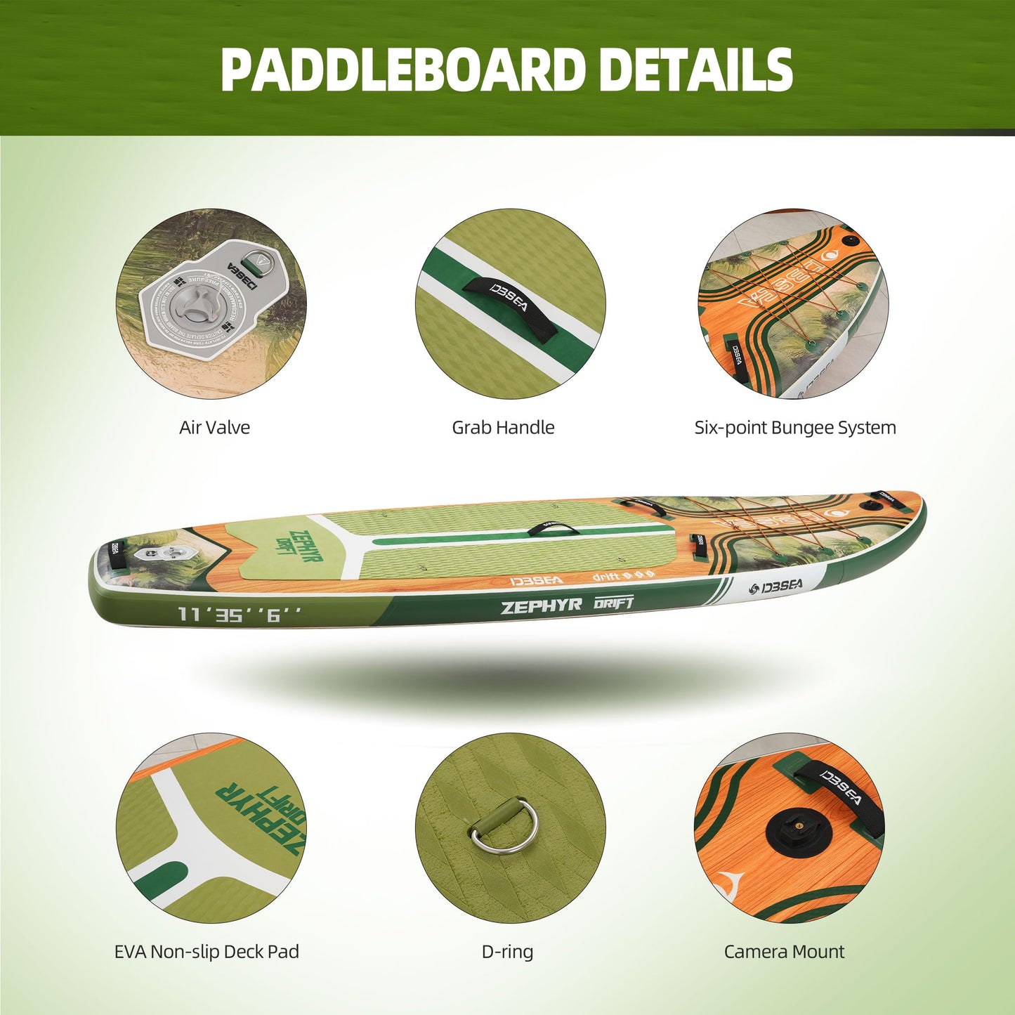 D3SEA 11'35" Extra Wide Inflatable Paddle Board with Non-Slip EVA Deck & Accessories Kit, Stable All Around SUP for All Skill Levels – for Yoga, Fishing, Youth & Adults, 370 lbs - Jungle Timber