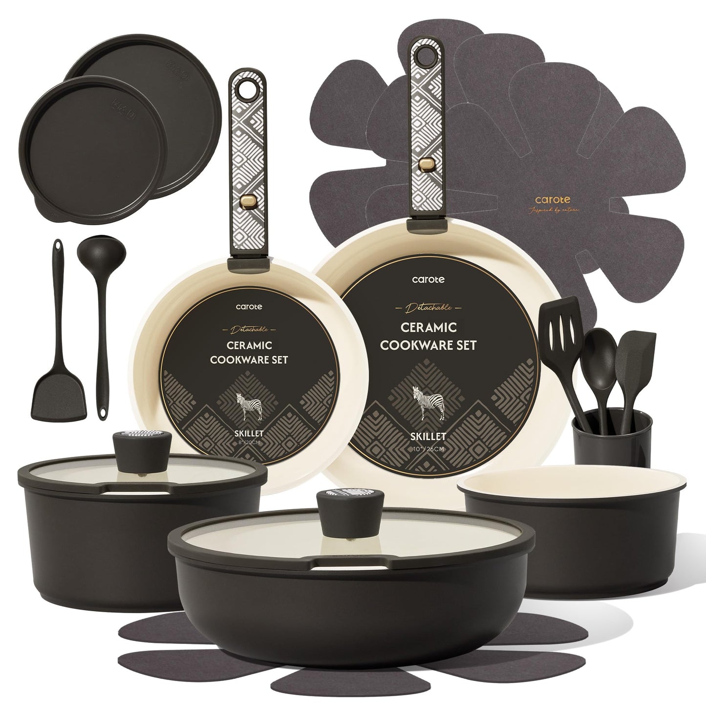 CAROTE 21-Piece Ceramic Cookware Set, Nonstick Pots and Pans Set with Detachable Handle, Non-Toxic Kitchen Cooking Set, Induction Compatible, Dishwasher & Oven Safe, Charcoal
