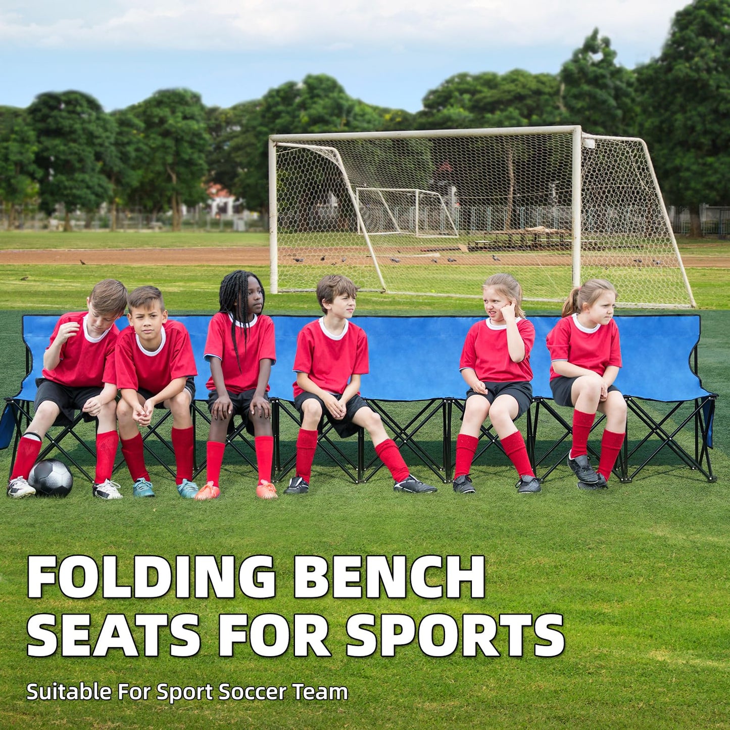 G GOOD GAIN Portable Soccer Bench - Team Bench Soccer 8 Seats with Bag, Sideline Folding Bench, Folded Chair Seating 8 for Football Camp Outdoor Sport Events, Team Chairs for Adults, Blue