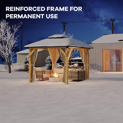 10 x 10 Ft Wood Gazebo, Hardtop Gazebo with Galvanized Steel Peak Roof, Outdoor Pavilion with Curtains and Netting, Patio Permanent Wooden Pavilion, Shade for Garden, Patio, Deck