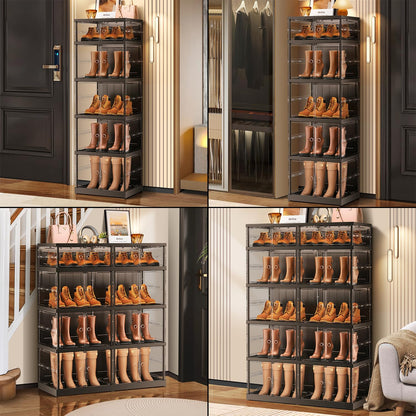 CIMLORD 5-Tier Foldable Shoe Rack for Closet Entryway 10-20Pairs,Stackable Clear Shoe Storage Boxes Organizer with Door Plastic Shoe Cabinet Bins with Lids Shoes Shelf Easy Assembly Large Black