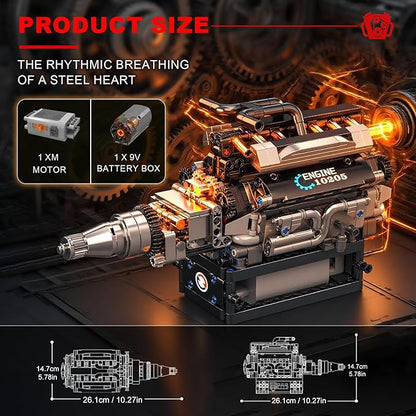 Sosuy RR V12 Motorized Engine Building Block Kit Electric Motor Drive Ultra‑Realistic Working Replica Model 733Pcs STEM Educational Engines Toy Birthday Christmas for Boy Kid Adult 14+