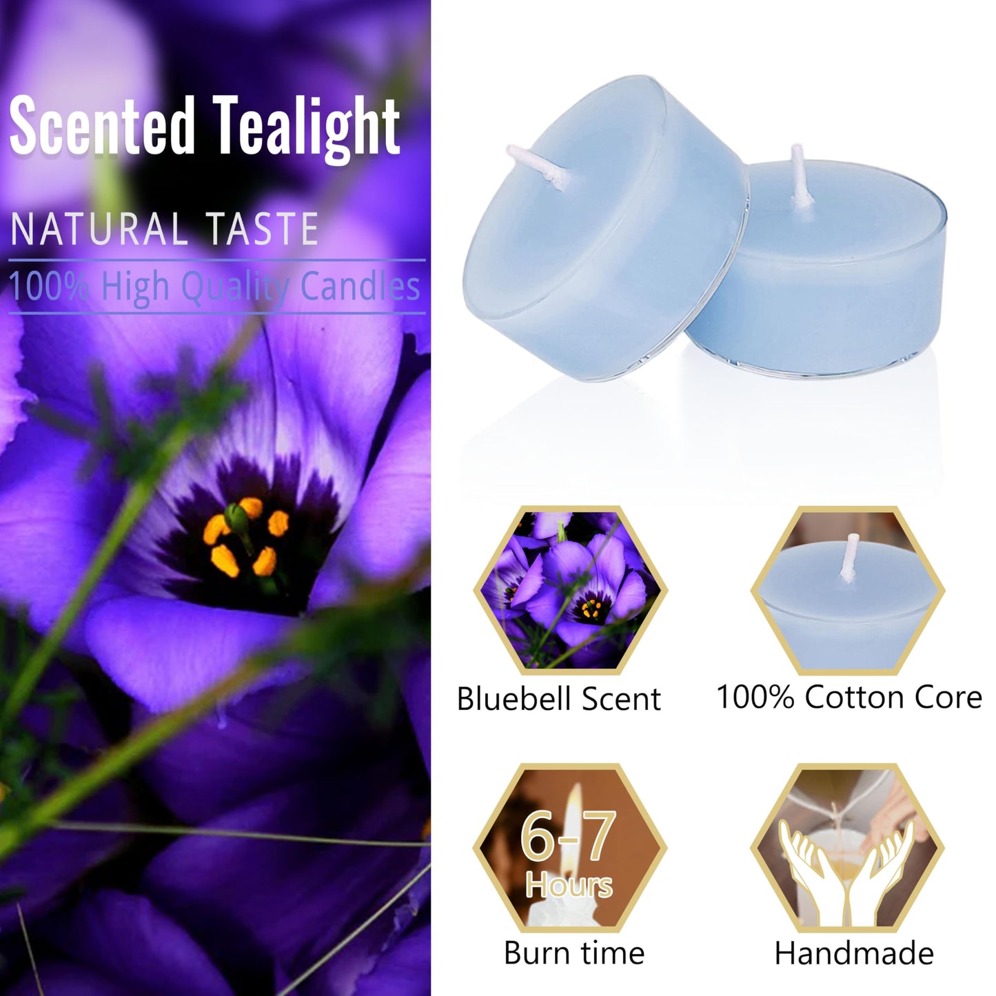 Blue Tea Lights Set of 24, Handmade Tealight Candles with Bluebell Scent, Long Burning Tea Candles, Tealights for Wedding Party Home Spa Decor Gift