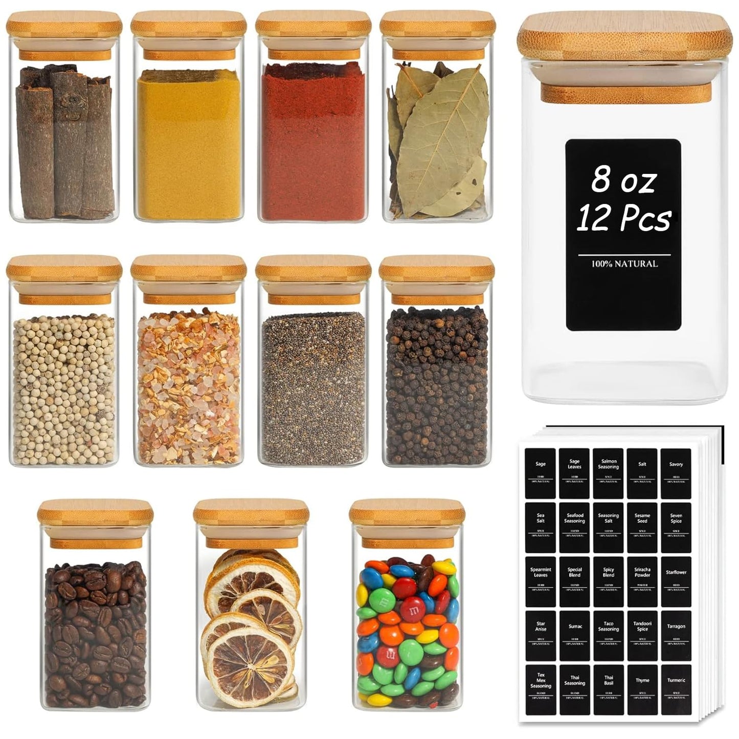 ComSaf 16Pcs Glass Spice Jars with Bamboo Lid, 4oz Airtight Square Spice Containers with 275 Black Lables, Empty Seasoning Jars for Spice Salt Sugar
