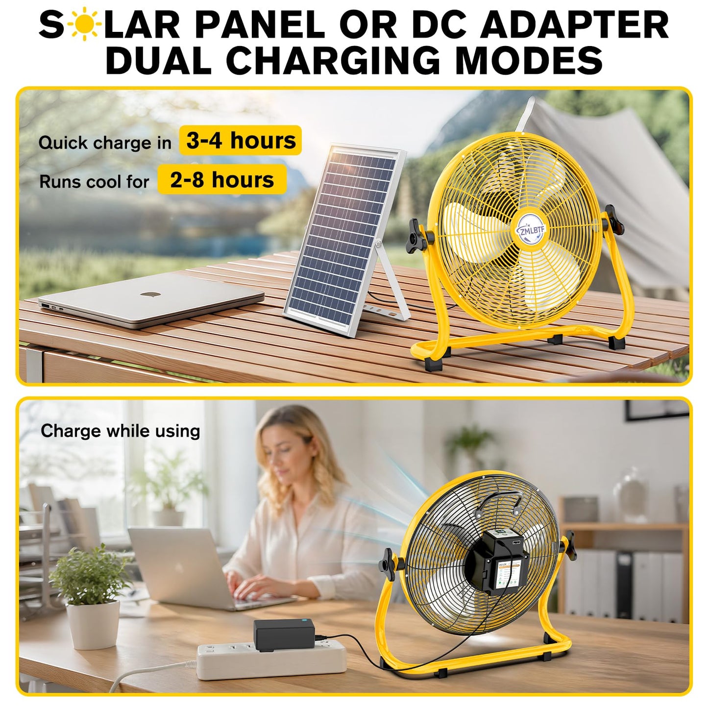 ZMLBTF 16" Solar Powered Fan with 20W Solar Panel & Rechargeable Battery, Portable, Quiet 12 Speed, 360° Tilt Head for Outside, Camping, Travel, Greenhouse, Chicken Coop, Patio, gazebo (Yellow)