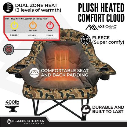Black Sierra Heated Plush Fleece XL Padded Camping Chair for Adults, Oversized Heavy Duty Folding Seat with 3‑Level Heat & Battery Pack, Supports 400 lbs, Cup Holders & Carry Bag for Camping & RV
