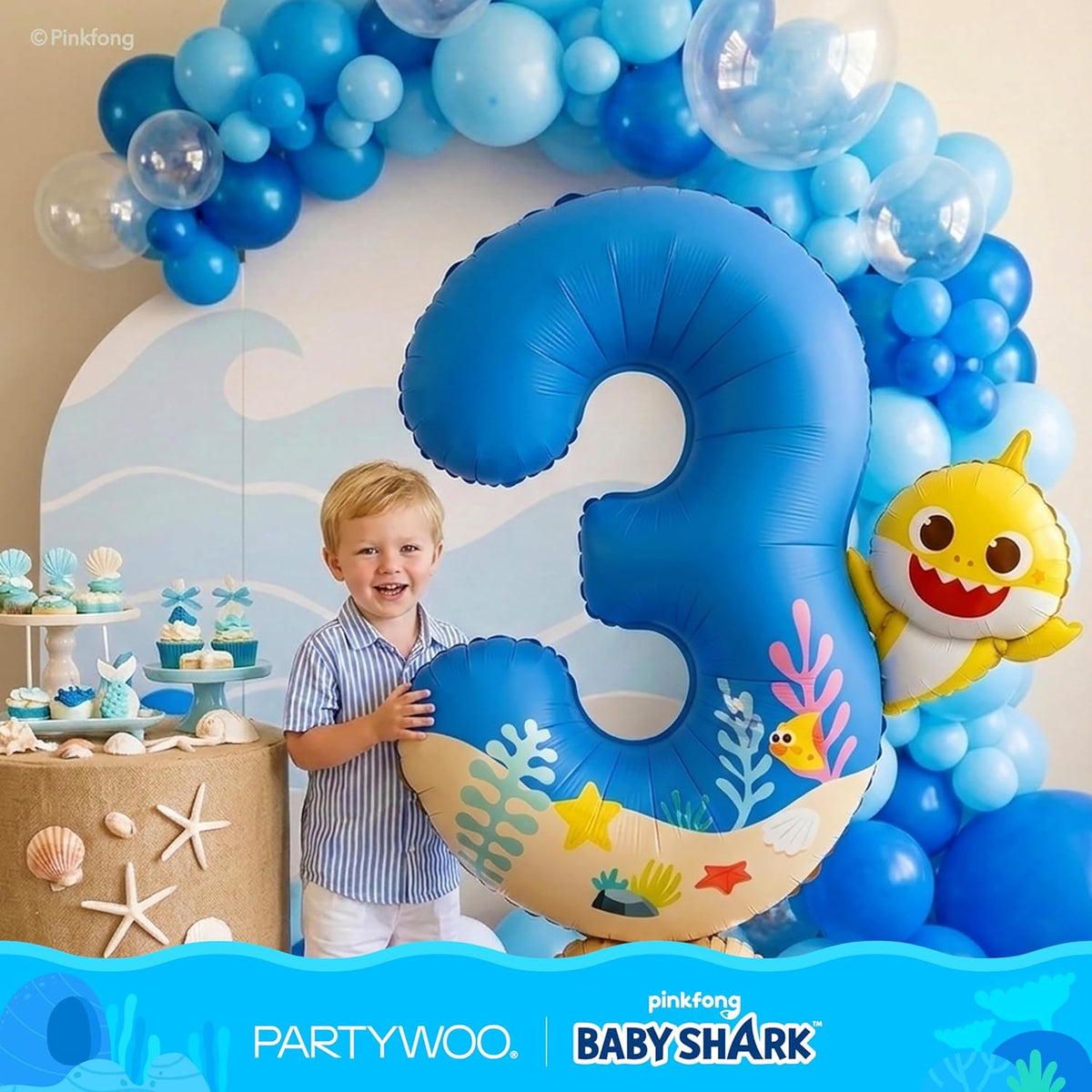 **PartyWoo Baby Shark Number 3 Balloon - 40 Inch Blue Mylar Helium Decoration for Kids' Birthday**