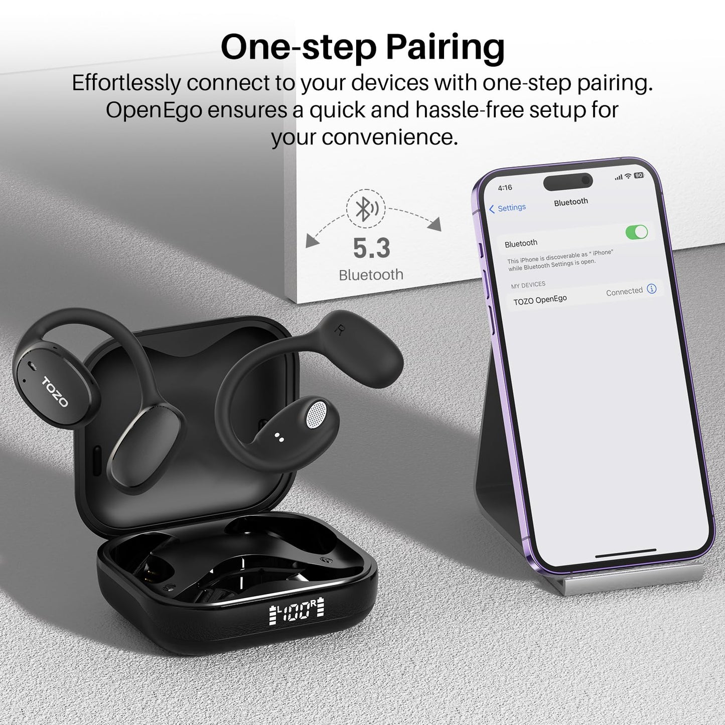 TOZO OpenEgo Open Ear Earbuds Bluetooth Headphones, 5.3 Bluetooth Sport Earbuds with Earhooks for 80Hrs Playtime,32 EQ Modes, Digital Display, Clear Calls, Comfortable Wear for Running, Work, Black