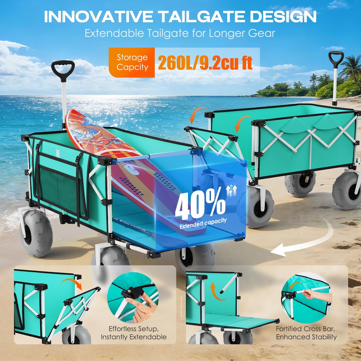 Navatiee 260L Beach Wagon with Extended Tailgate, 440lbs Heavy Duty Beach Cart with 9” Big Balloon Wheels for Sand, Collapsible Folding Wagon with Side Pocket for Outdoor, Light Blue