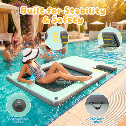 Inflatable Floating Dock with Dog Ramp, Large Floating Island Platform for Adults and Pets, Mesh Water Hammock with Non-Slip Steps, Heavy-Duty Floating Dock for Lake, Pool, River and Ocean