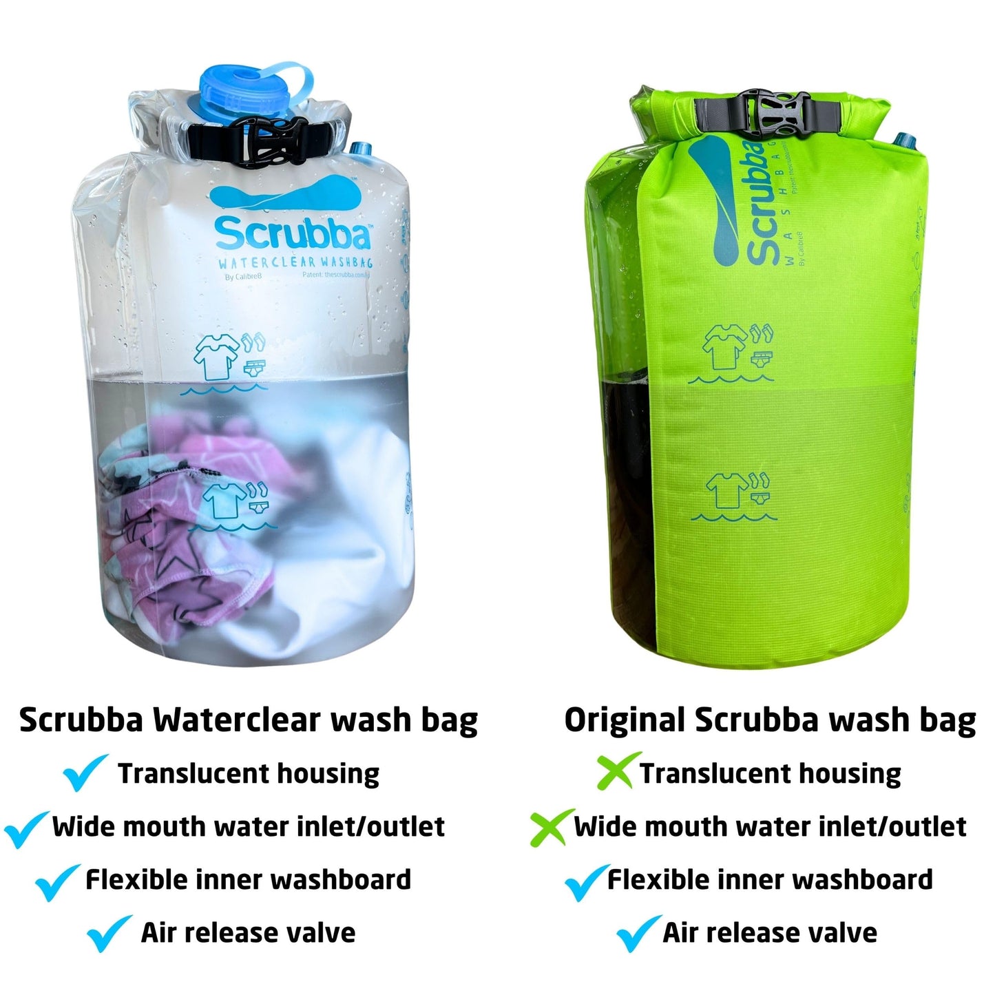Scrubba WATERCLEAR Wash Bag & Dry Kit - Portable Washing Machine System with XL Towel, Pegless Line & Hangers - Lightweight Laundry Essentials for Camping, Hiking, Hostels & Hotels - Easy-Rinse Inlet