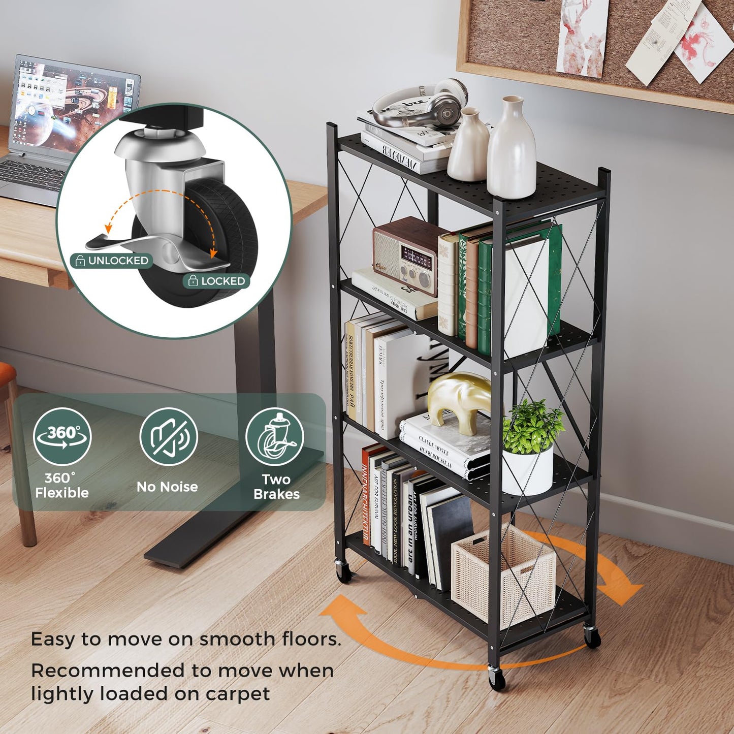 DEANIC 4 Tier Foldable Storage Shelves with Wheels, Large Capacity Shelving Unit, Freestanding Metal Wire Shelf Rack, No Assembly Organizer Rack for Garage Kitchen, Basement, Pantry(Black Pack of 2)