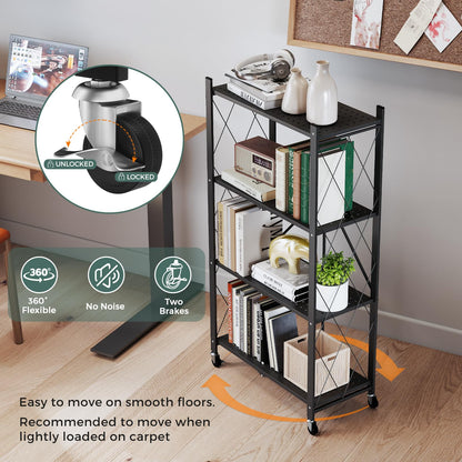 DEANIC 4 Tier Foldable Storage Shelves with Wheels, Large Capacity Shelving Unit, Freestanding Metal Wire Shelf Rack, No Assembly Organizer Rack for Garage Kitchen, Basement, Pantry(Black Pack of 2)