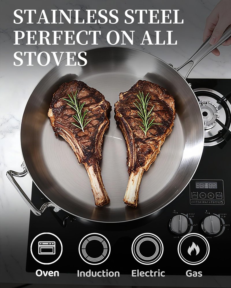 Bzayeat 14-Inch Tri-Ply Stainless Steel Frying Pan with Lid & Detachable Handle - Induction Compatible Skillet, Oven & Dishwasher Safe, Ideal for Frying, Sautéing & Simmering