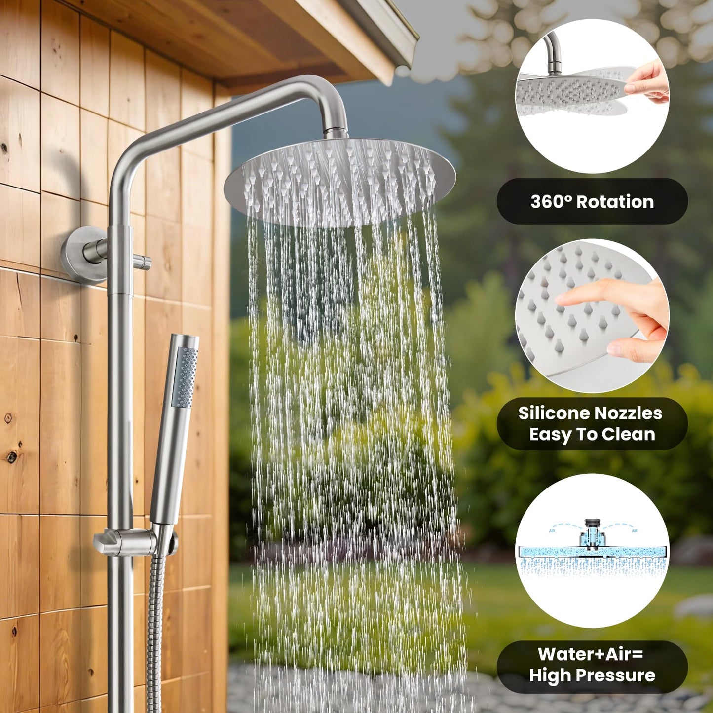 gotonovo Outdoor Shower Fixtures SUS304 Stainless Steel Rain Shower Kit Faucet High Pressure Wall Mount 2 Dual Function 8 Inch Showerhead and Handheld Spray Combo, Double Cross Handle, Brushed Nickel