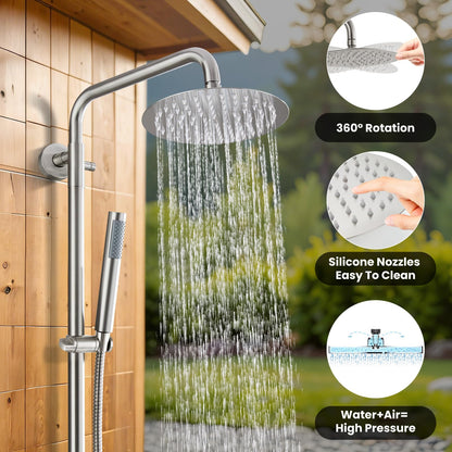 gotonovo Outdoor Shower Fixtures SUS304 Stainless Steel Rain Shower Kit Faucet High Pressure Wall Mount 2 Dual Function 8 Inch Showerhead and Handheld Spray Combo, Double Cross Handle, Brushed Nickel