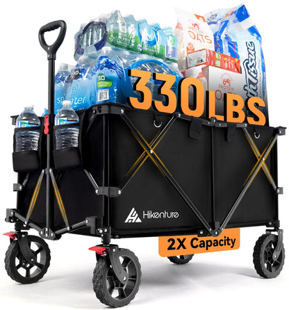 Hikenture Collapsible Wagon 330LBS Capacity, 200L Extra Large Wagons Carts Foldable, Heavy Duty Folding Wagons with All-Terrain Wheels, Utility Beach Cart for Outdoor Garden, Black