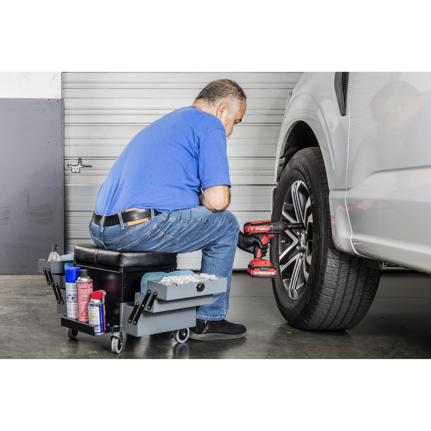 Powerbuilt Rolling Seat with Expandable Tool Trays, Roller Toolbox Garage Stool - Grey 941918ECE