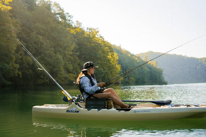 Perception Kayaks Outlaw 11.5 - Sit on Top Fishing Kayak - Fold Away Lawn Chair Seat - 4 Rod Holders - Integrated Tackle Trays - 11.5 ft - Moss Camo