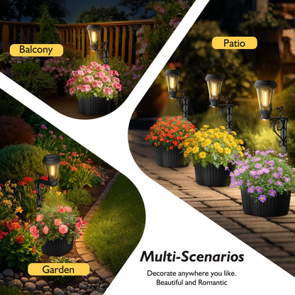 2Pcs 7.9 Inch Solar Lights Planter Dual-Sided 3000K Warm White Lighting, 2 in1 (Wall/Stand) Flower Pots, Auto on/Off IP65 Solar Post Light with Planter Waterproof for Yard, Patio, Porch, Pathway Decor