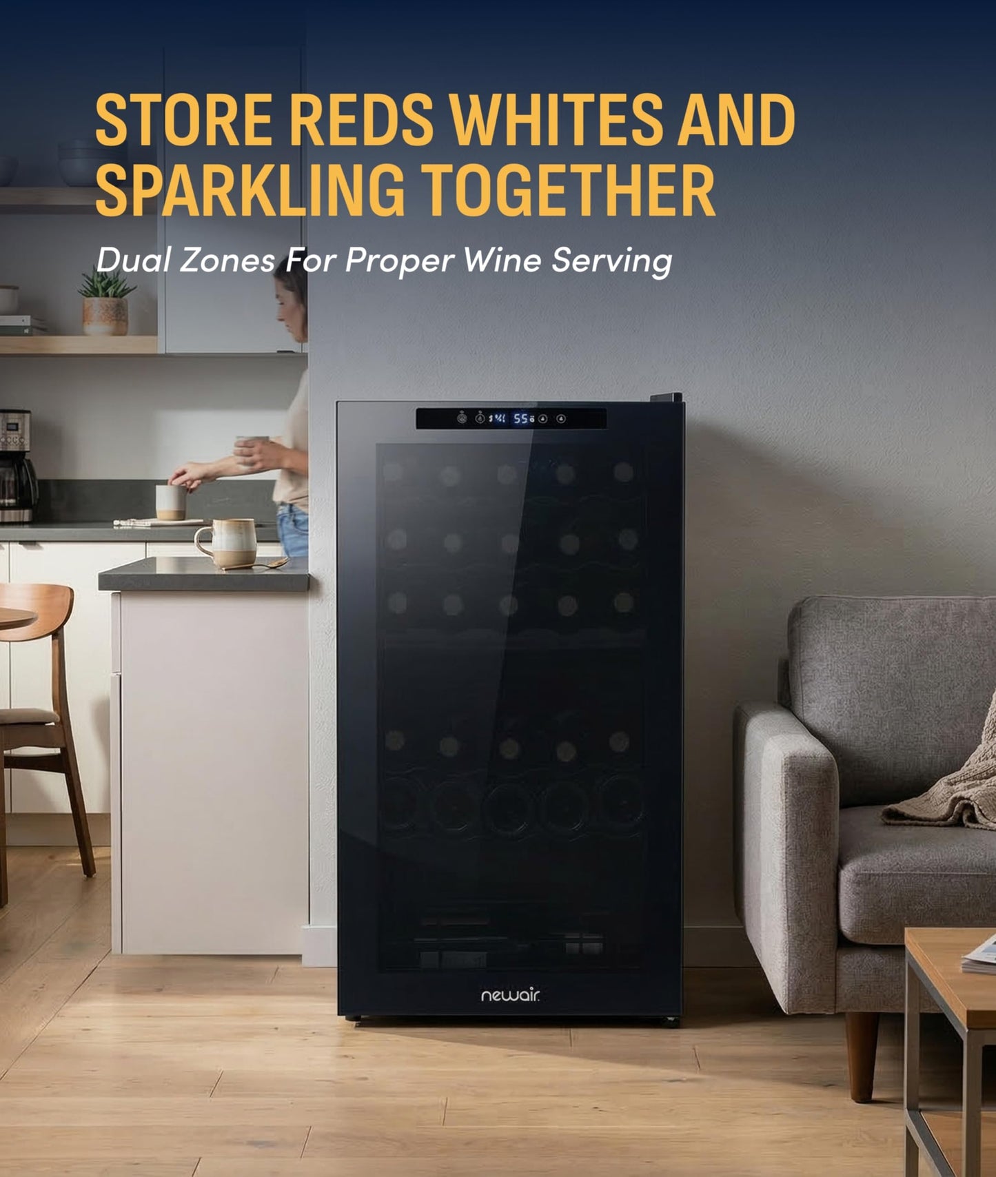 NewAir 20" Dual Zone Wine Fridge for 33 Bottles | Freestanding Wine Cooler Refrigerator with Glass Door | Mirrored Shadow™ Door & Quiet Compressor Cooling | Black