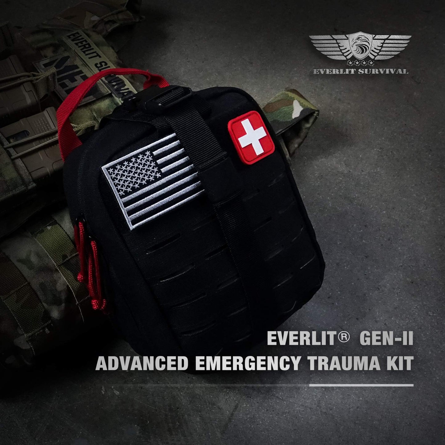 EVERLIT Advanced Trauma Kit, CAT GEN-7 Tourniquet, TCCC Compliant, Mil-Spec Nylon Laser Cut Pouch with 36" Splint, Military Combat Tactical IFAK for Emergency Bleeding Control (Black)