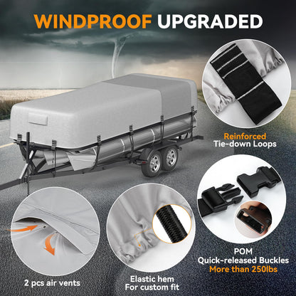 5-Ply 1600D+1200D Pontoon Boat Cover - Fully Waterproof & Ultra-Durable Tear-Resistant, with Large Storage Bag & Reinforced Windproof Straps (Fits 21'-24' Length, Up to 102" Beam Width)