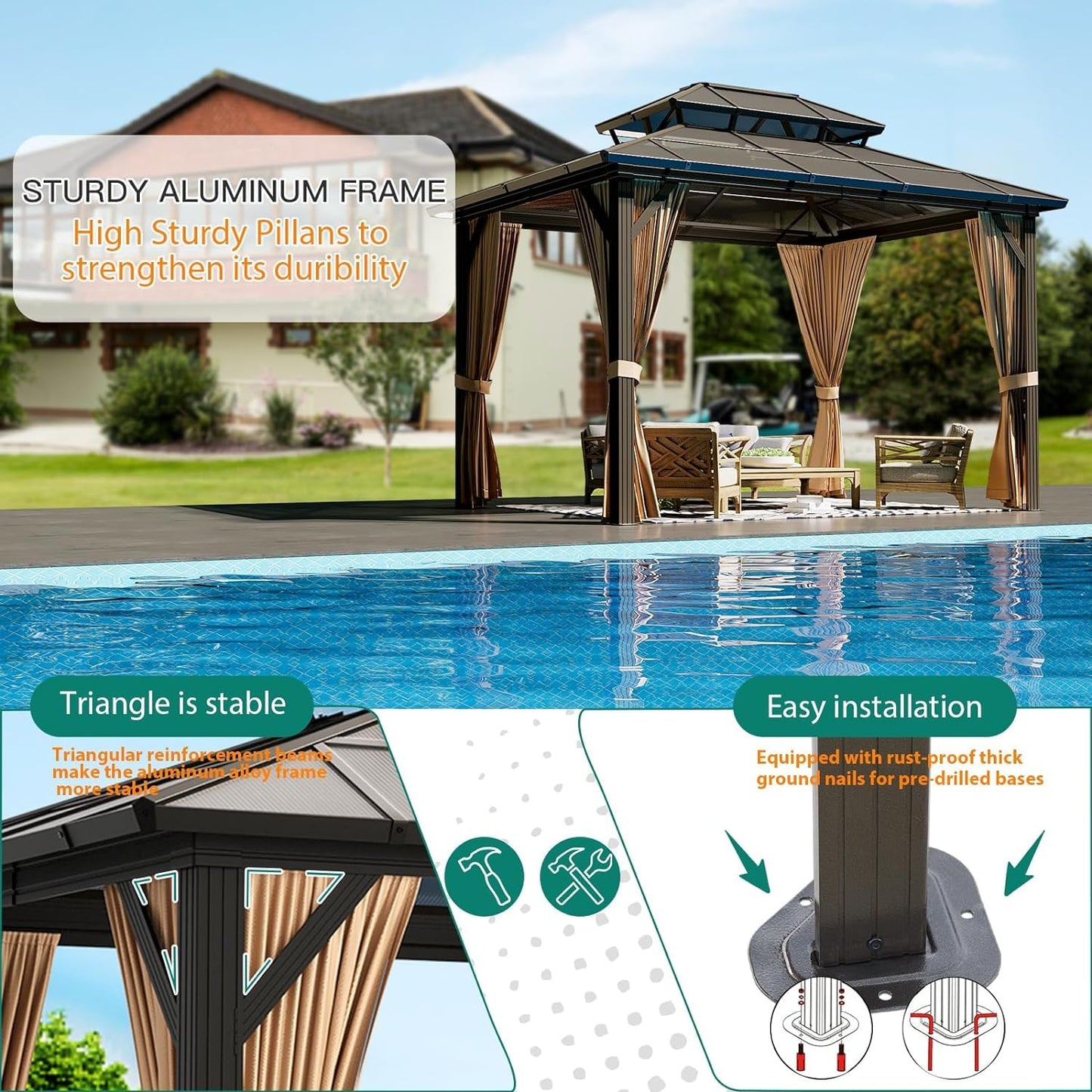 GAOMON 10'x12' Hardtop Gazebo, Outdoor Polycarbonate Double Roof Canopy, Aluminum Frame Permanent Pavilion with Curtains and Netting, Sunshade for Garden, Patio, Lawns