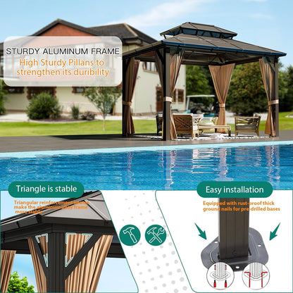 GAOMON 10'x12' Hardtop Gazebo, Outdoor Polycarbonate Double Roof Canopy, Aluminum Frame Permanent Pavilion with Curtains and Netting, Sunshade for Garden, Patio, Lawns