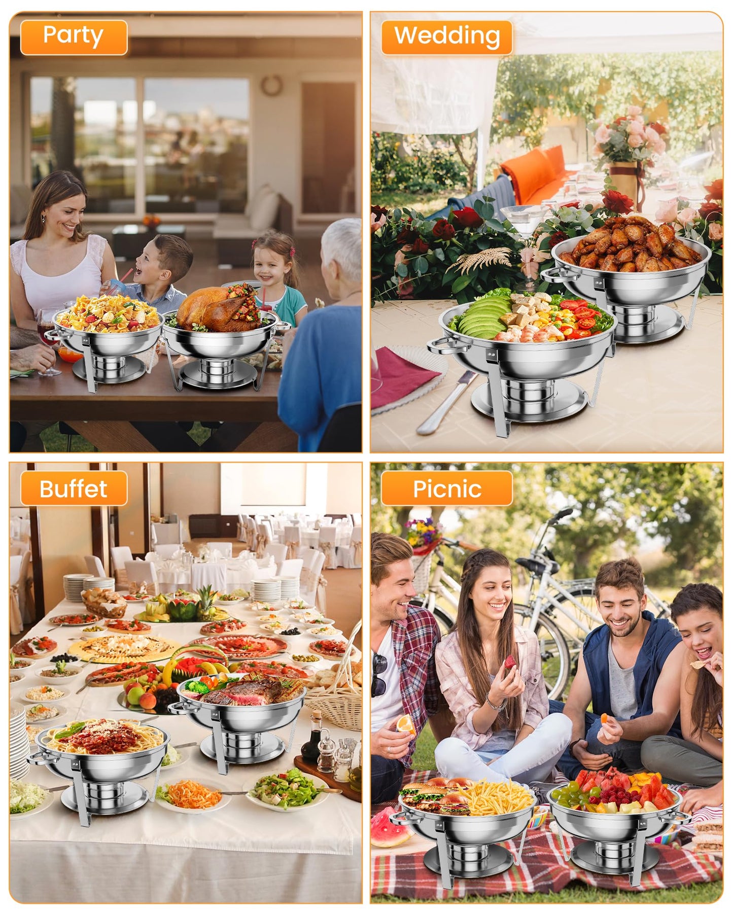 5QT Chafing Dish Buffet Set of 6 Pack, Food Warmers and Servers Round Stainless Steel Chafer with Food & Water Pan, Lid, Frame, Fuel Holder for Catering,Parties and Festivals