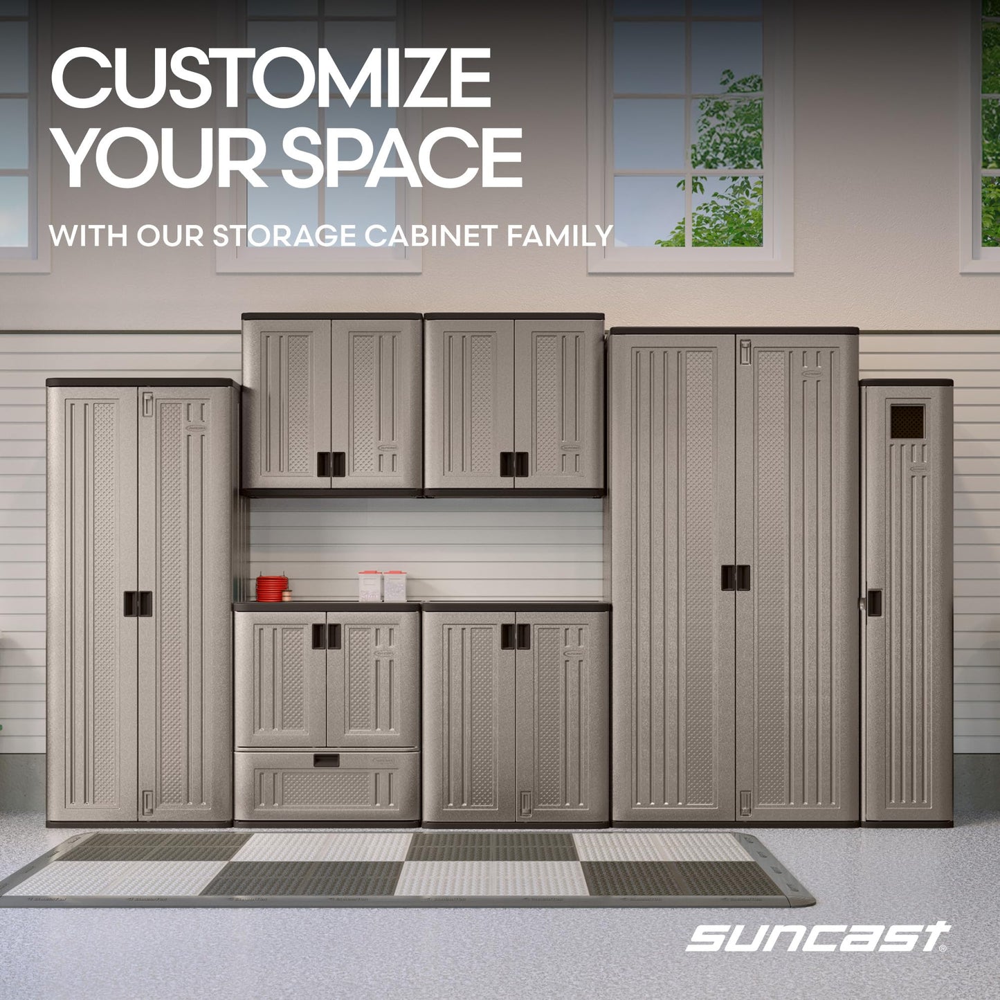 Suncast Base Storage Cabinet for Garage Organization - 9 Cu. Ft. Lockable 2-Shelf Organizer for Garden Supplies, Paint Cans & Outdoor Tools, Multi-Wall Resin Construction, Platinum