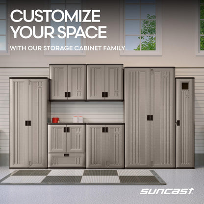 Suncast Base Storage Cabinet for Garage Organization - 9 Cu. Ft. Lockable 2-Shelf Organizer for Garden Supplies, Paint Cans & Outdoor Tools, Multi-Wall Resin Construction, Platinum