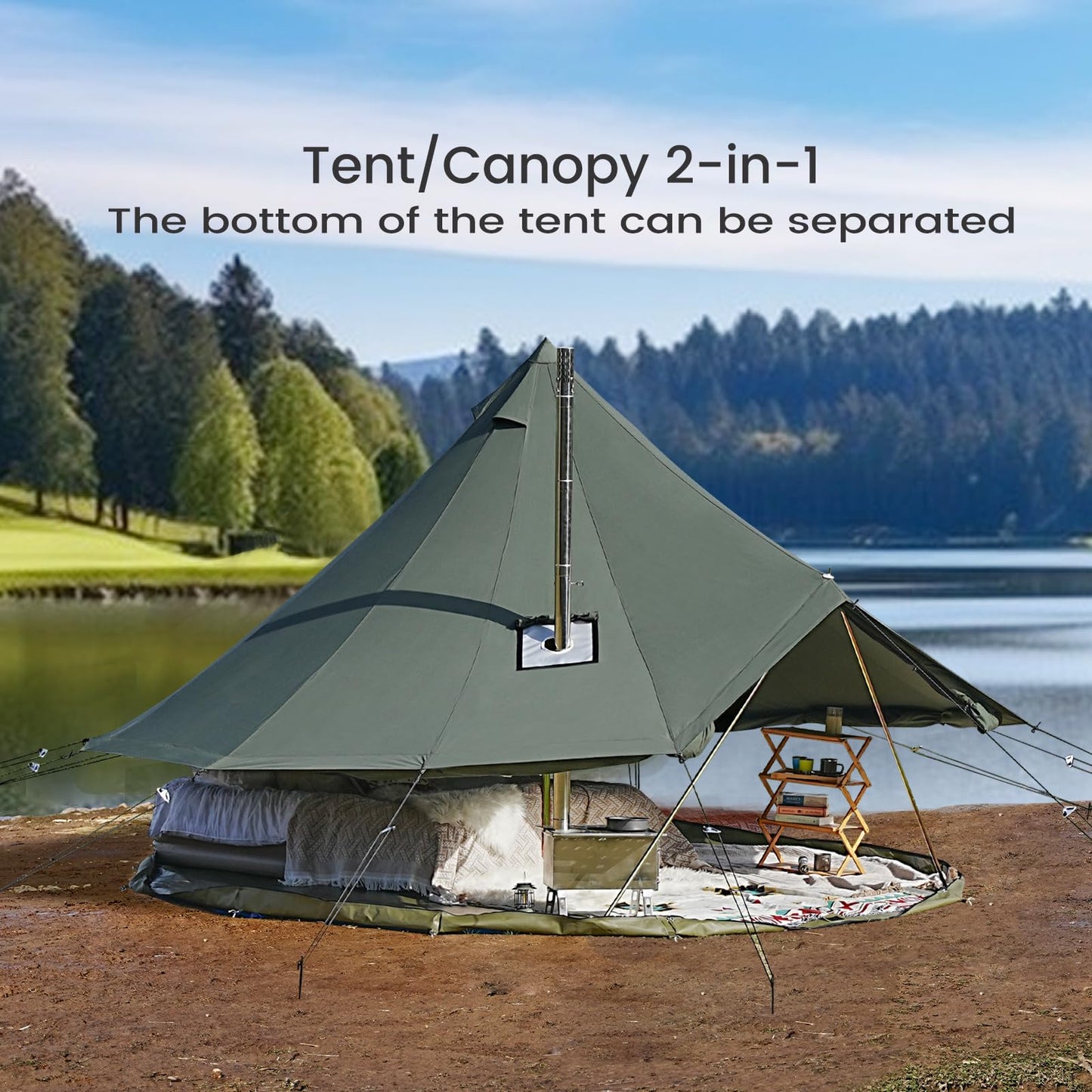 VANFOND Canvas Bell Tent, Yurt with Stove Jack, Waterproof and Breathable Glamping Wall Tent, Detachable Groundsheet for Camping Party