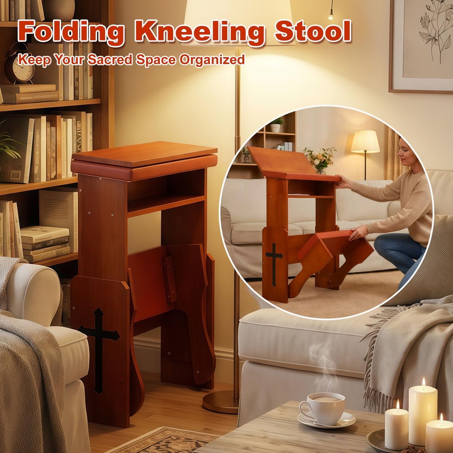 Fanwer Folding Prayer Bench for Home Use - Adjustable Wooden Kneeler for Prayer & Meditation, Compact Kneeling Altar with Bookshelf, Ideal for Church, Chapel, or Personal Devotion