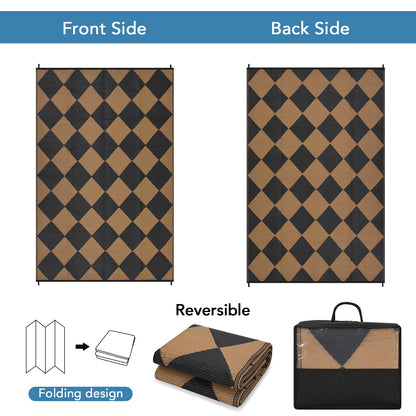 GarveeHome Outdoor Rug 9x18 ft Waterproof Mat Reversible Outdoor Plastic Straw Rug Patio Rug Camping Rug Portable Outdoor Mat for RV Porch Balcony Backyard Picnic Beach Black/Brown Diamond