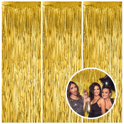 3 Pack Gold Fringe Backdrop Curtain Tinsel Party Streamers Birthday Party Decorations New Year Photo Booth Backdrop Halloween Christmas Graduation Bachelorette Theme Party Decorations