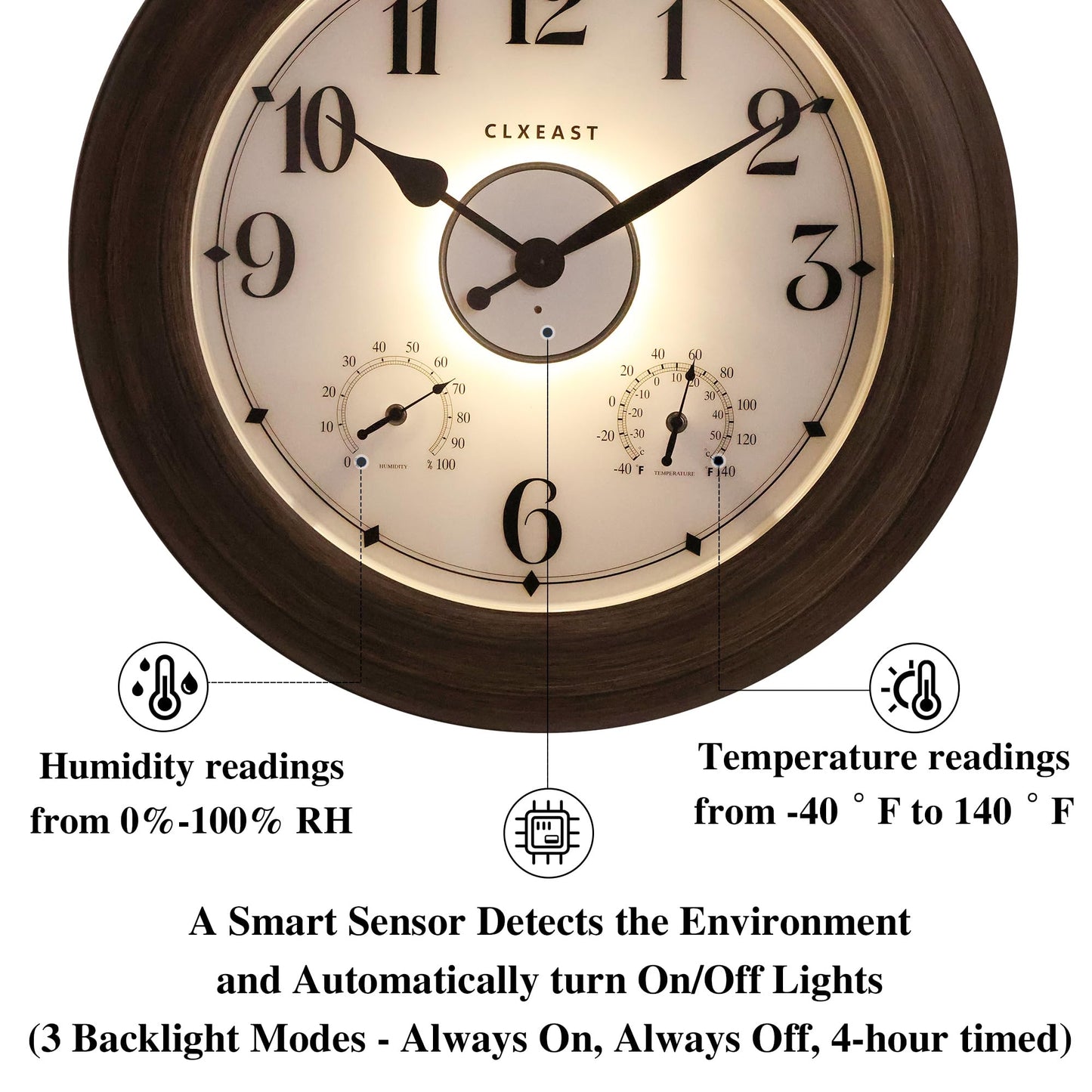CLXEAST 24 Inch LED Illuminated Outdoor Clocks Waterproof with Thermometer & Hygrometer, Large Lighted Metal Wall Clock with Smart Night Light Sensor,Grey Oak Finish,House Warming Gifts New Home
