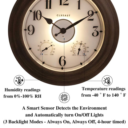 CLXEAST 24 Inch LED Illuminated Outdoor Clocks Waterproof with Thermometer & Hygrometer, Large Lighted Metal Wall Clock with Smart Night Light Sensor,Grey Oak Finish,House Warming Gifts New Home